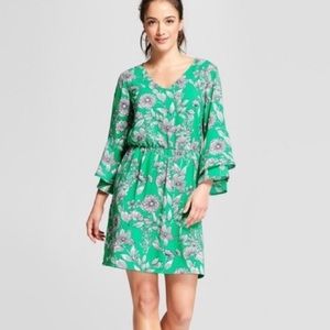 Green Floral 3/4 Length Ruffle Sleeve Dress